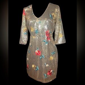 Just Me Gold Sequin Floral Cocktail Dress with Embroidery | Size M